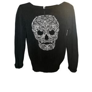 Women's Skull Sweater, Halloween, Medium, Black/Silver, Boatneck, Cotton Blend